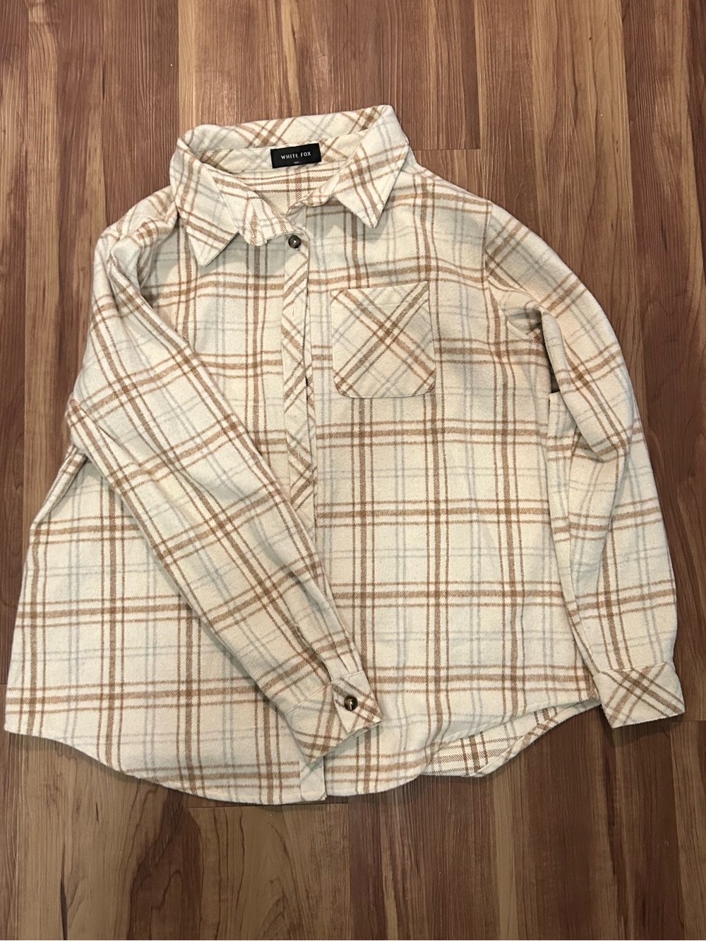 White Fox Boutique Cream & Brown Plaid Button-Down Shirt